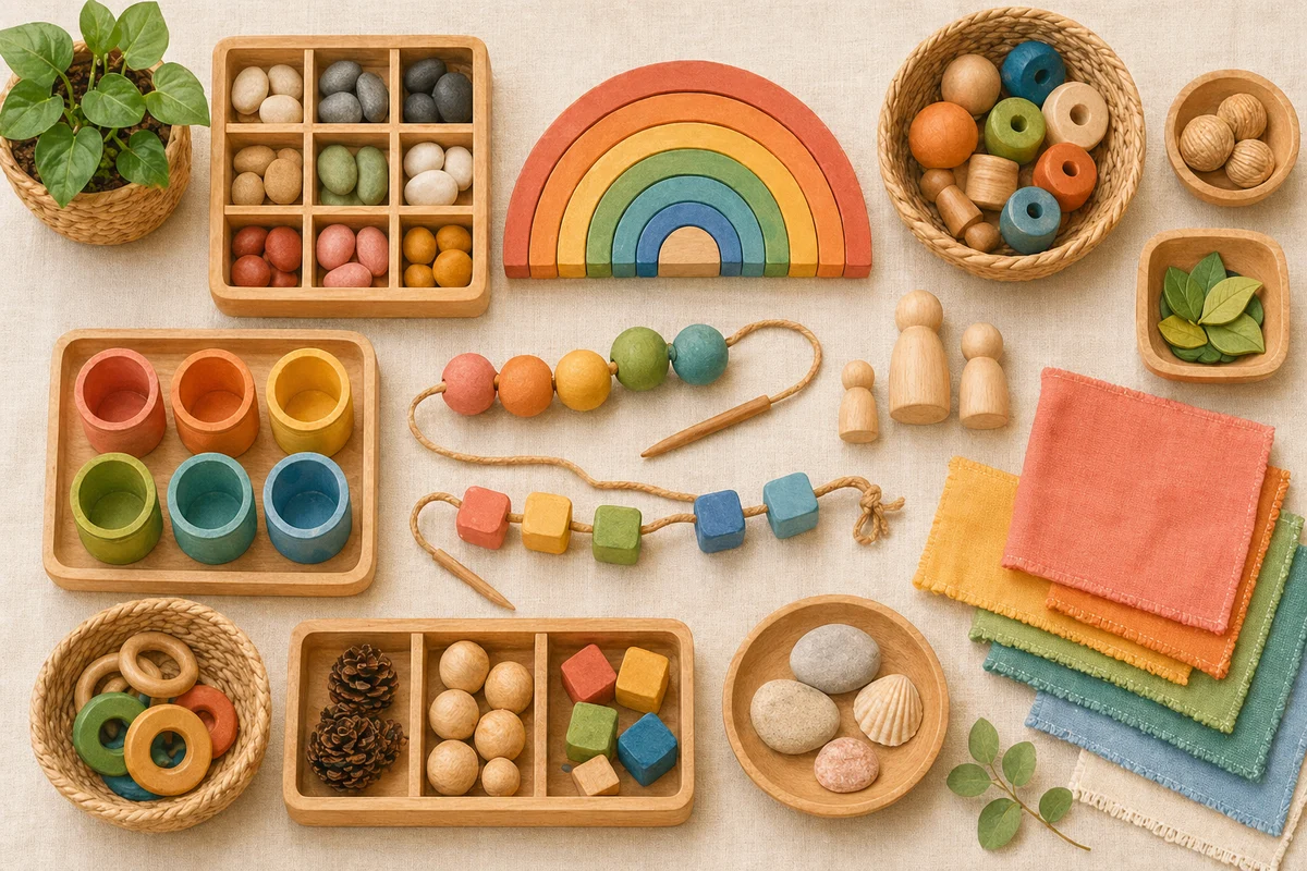 Materiale Montessori naturale aranjate pe o suprafață de in