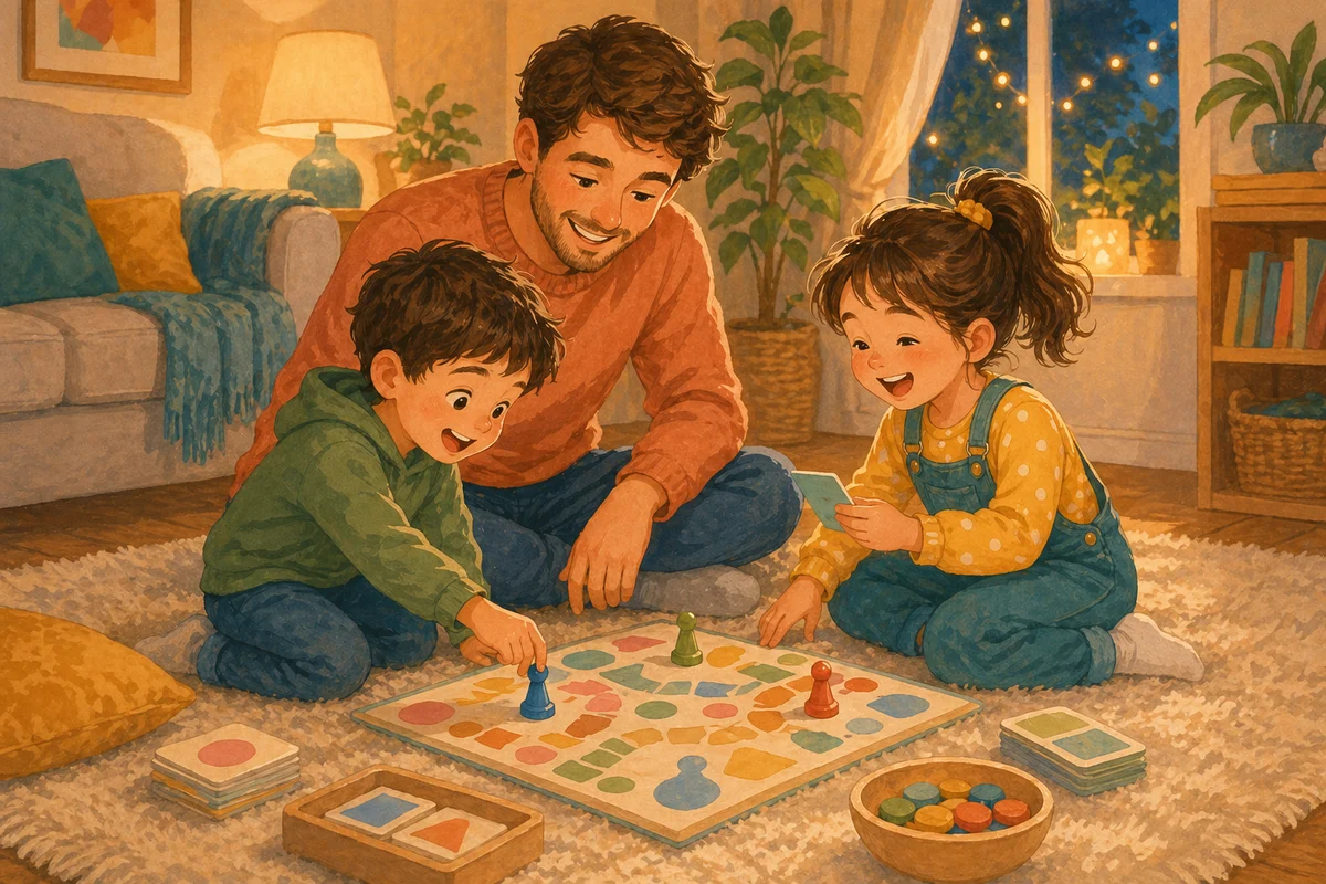 Familie jucând un joc de masă ca alternativă la ecrane