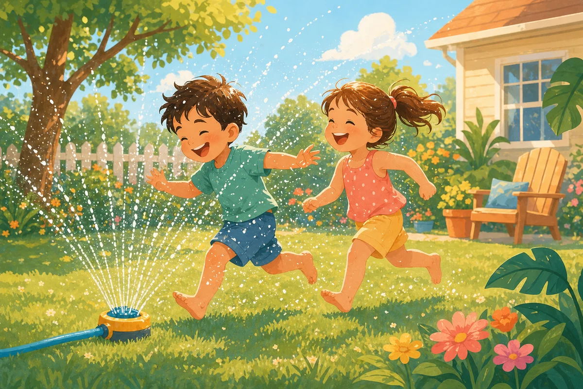 Doi copii alergând prin stropii unui sprinkler în curte