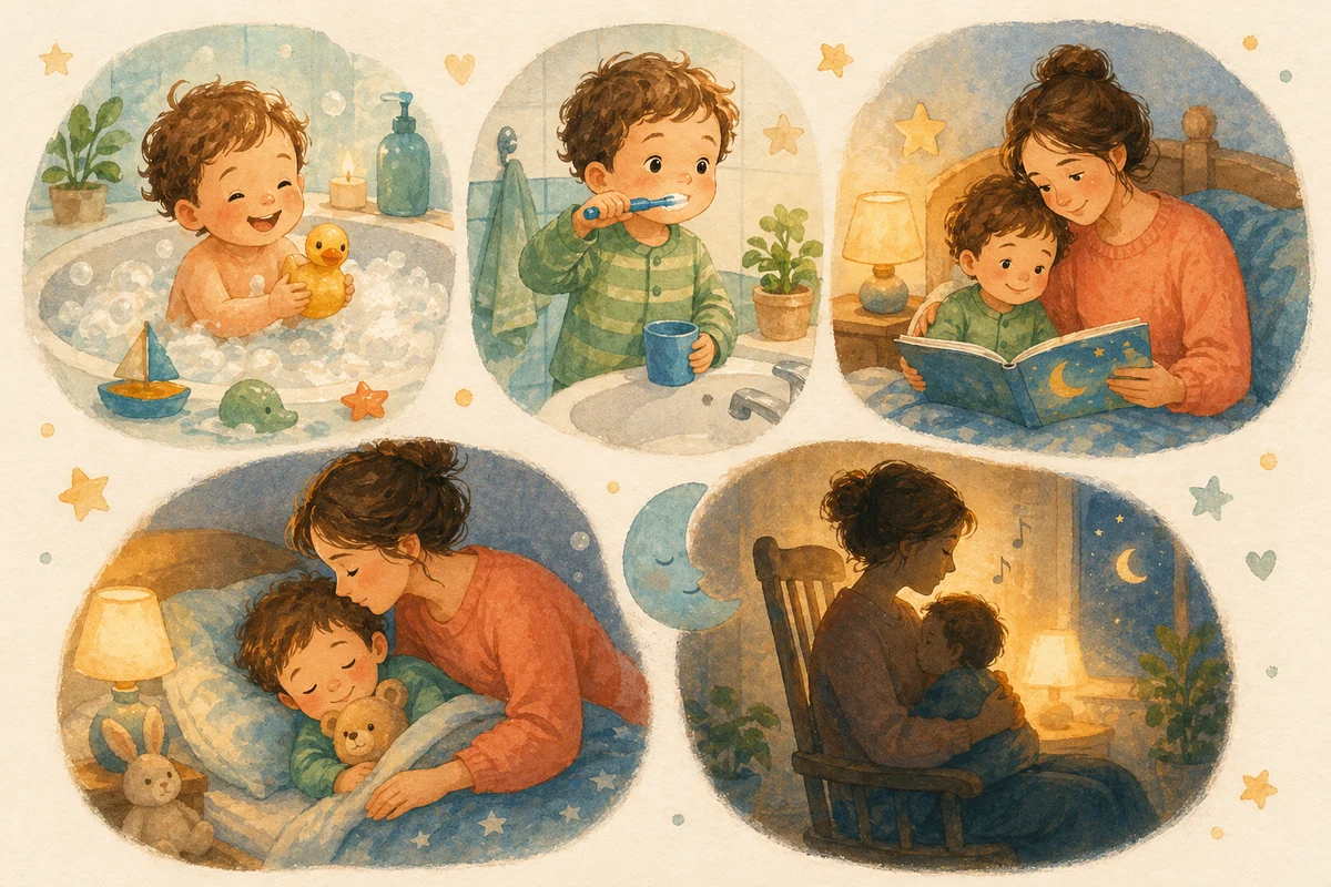 Rutina de seară ilustrată în pași liniștiți fără text